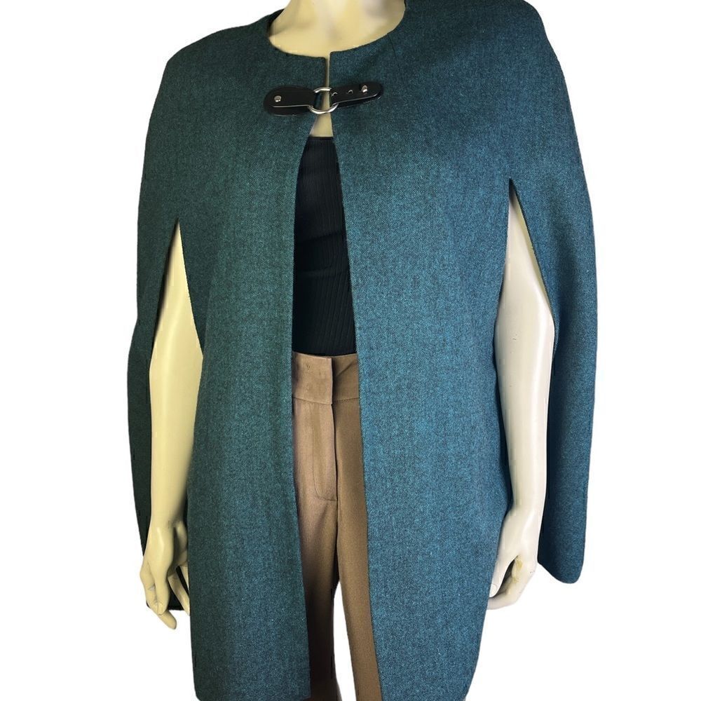 Gorgeous Joan Rivers Green Cape Jacket with Black Vegan Leather Finishes Size XS